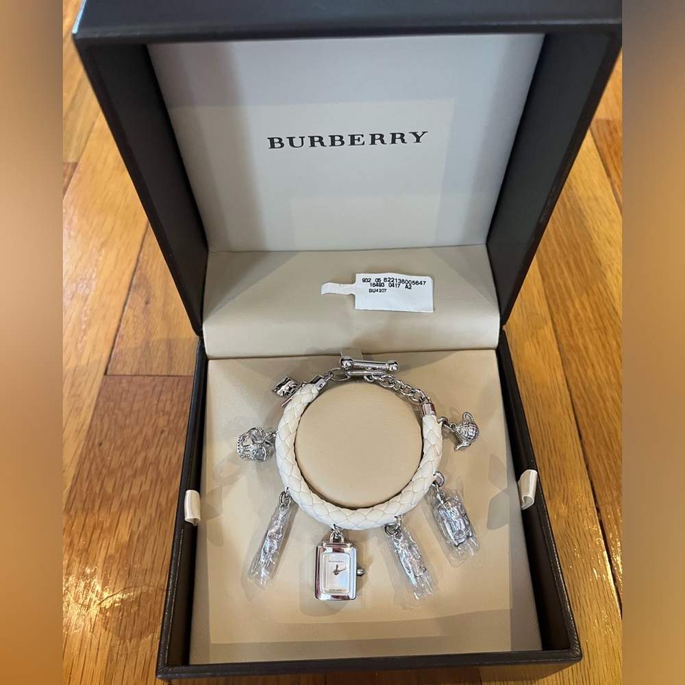 Burberry White Leather Watch Charm Bracelet with Silver Accents